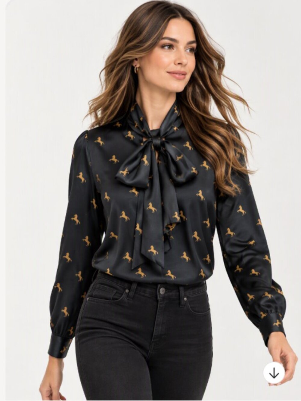 Forever 21 Long-Sleeve Shirt with Gold Horse Print and Neck Tie